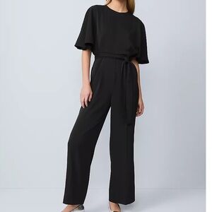 Ann Taylor Black Wide-Leg Belted Jumpsuit with Flutter Sleeves
